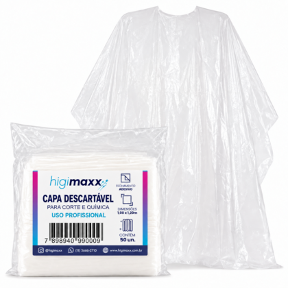 Capa descartável Higimaxx aberta, com a embalagem do produto à frente.