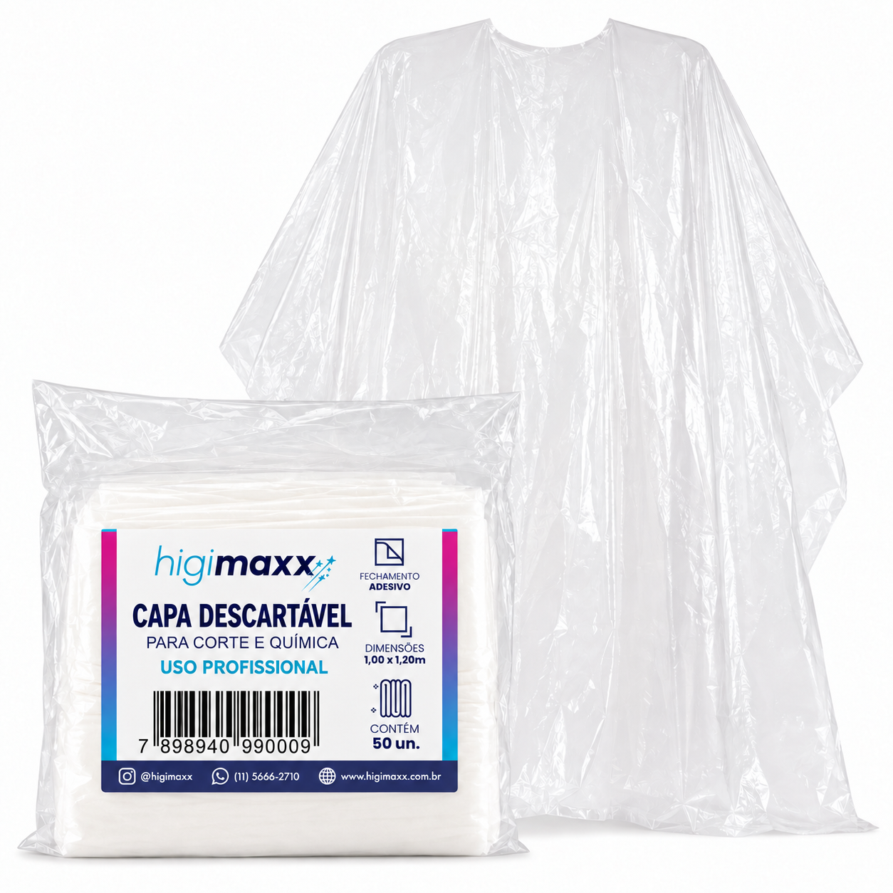 Capa descartável Higimaxx aberta, com a embalagem do produto à frente.
